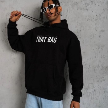 Erkek 3 İplik Pamuklu Kapüşonlu Baskılı Cepli Oversize Sweatshirt Hoodie - Siyah