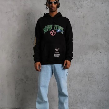 Erkek 3 İplik Pamuklu Kapüşonlu Baskılı Cepli Oversize Sweatshirt Hoodie - Siyah