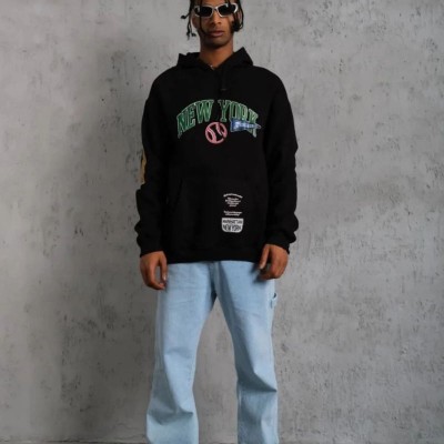 Erkek 3 İplik Pamuklu Kapüşonlu Baskılı Cepli Oversize Sweatshirt Hoodie - Siyah