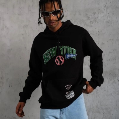 Erkek 3 İplik Pamuklu Kapüşonlu Baskılı Cepli Oversize Sweatshirt Hoodie - Siyah