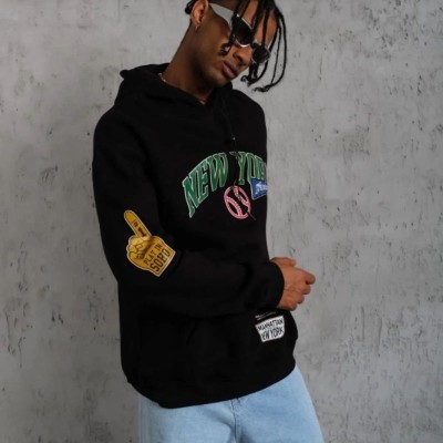 Erkek 3 İplik Pamuklu Kapüşonlu Baskılı Cepli Oversize Sweatshirt Hoodie - Siyah
