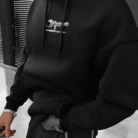 Erkek 3 İplik Pamuklu Kapüşonlu Baskılı Cepli Oversize Sweatshirt Hoodie - Siyah