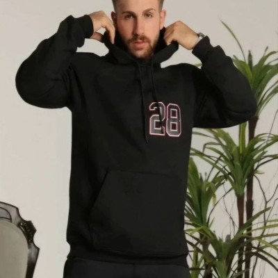 Erkek 3 İplik Pamuklu Kapüşonlu Baskılı Cepli Oversize Sweatshirt Hoodie - Siyah