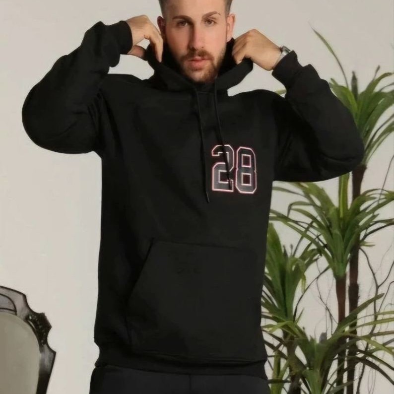 Erkek 3 İplik Pamuklu Kapüşonlu Baskılı Cepli Oversize Sweatshirt Hoodie - Siyah