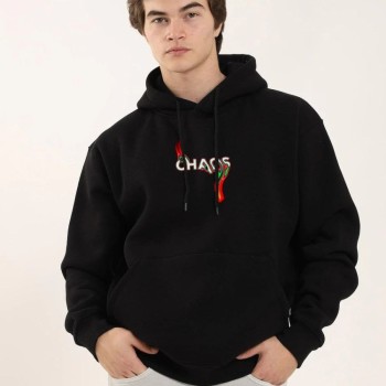 Erkek 3 İplik Pamuklu Kapüşonlu Baskılı Cepli Oversize Sweatshirt Hoodie - Siyah