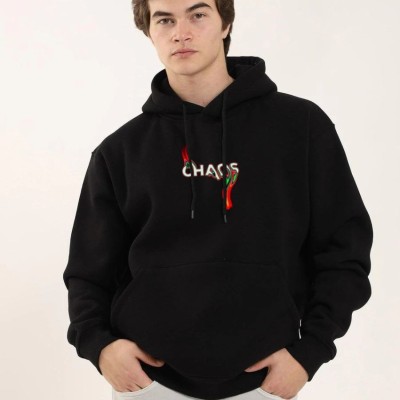 Erkek 3 İplik Pamuklu Kapüşonlu Baskılı Cepli Oversize Sweatshirt Hoodie - Siyah
