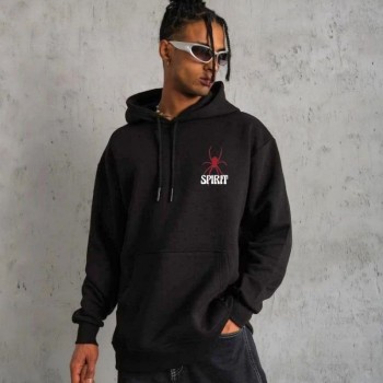 Erkek 3 İplik Pamuklu Kapüşonlu Baskılı Cepli Oversize Sweatshirt Hoodie - Siyah