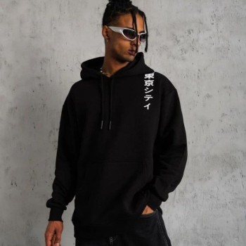 Erkek 3 İplik Pamuklu Kapüşonlu Baskılı Cepli Oversize Sweatshirt Hoodie - Siyah