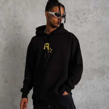 Erkek 3 İplik Pamuklu Kapüşonlu Baskılı Cepli Oversize Sweatshirt Hoodie - Siyah