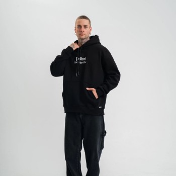 Erkek 3 İplik Pamuklu Kapüşonlu Baskılı Cepli Oversize Sweatshirt Hoodie - Siyah