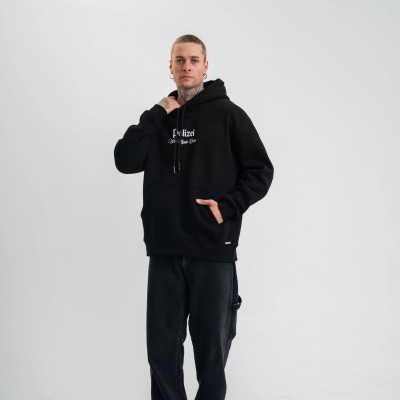 Erkek 3 İplik Pamuklu Kapüşonlu Baskılı Cepli Oversize Sweatshirt Hoodie - Siyah