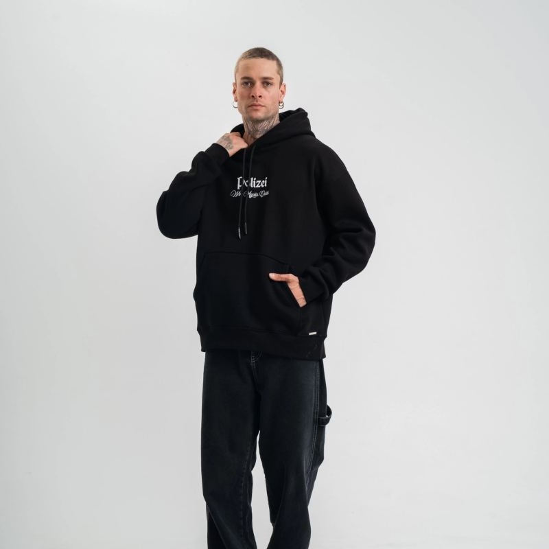 Erkek 3 İplik Pamuklu Kapüşonlu Baskılı Cepli Oversize Sweatshirt Hoodie - Siyah