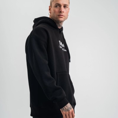 Erkek 3 İplik Pamuklu Kapüşonlu Baskılı Cepli Oversize Sweatshirt Hoodie - Siyah