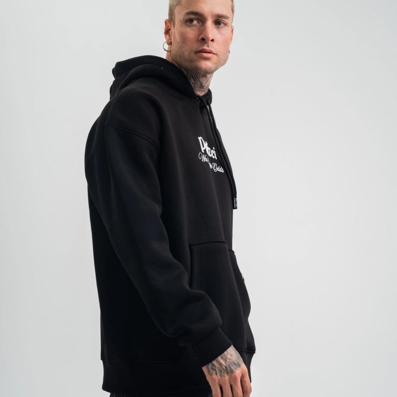 Erkek 3 İplik Pamuklu Kapüşonlu Baskılı Cepli Oversize Sweatshirt Hoodie - Siyah