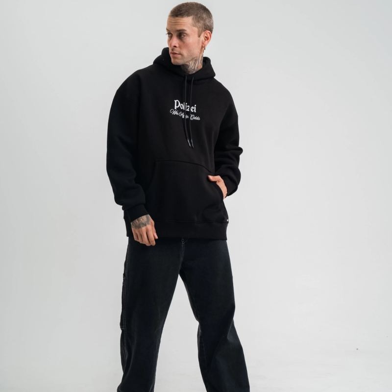 Erkek 3 İplik Pamuklu Kapüşonlu Baskılı Cepli Oversize Sweatshirt Hoodie - Siyah