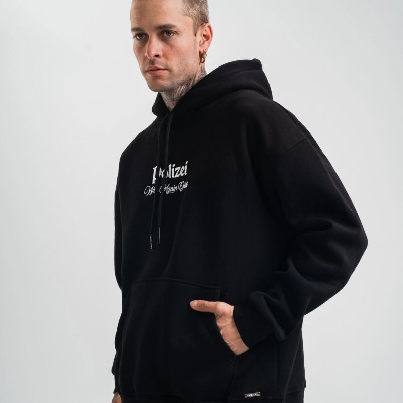 Erkek 3 İplik Pamuklu Kapüşonlu Baskılı Cepli Oversize Sweatshirt Hoodie - Siyah