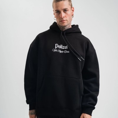 Erkek 3 İplik Pamuklu Kapüşonlu Baskılı Cepli Oversize Sweatshirt Hoodie - Siyah