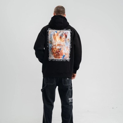 Erkek 3 İplik Pamuklu Kapüşonlu Baskılı Cepli Oversize Sweatshirt Hoodie - Siyah