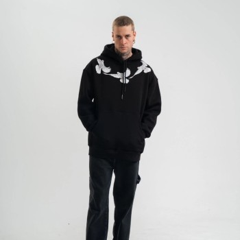 Erkek 3 İplik Pamuklu Kapüşonlu Baskılı Cepli Oversize Sweatshirt Hoodie - Siyah