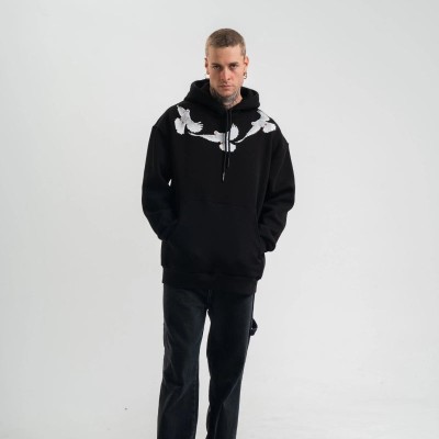 Erkek 3 İplik Pamuklu Kapüşonlu Baskılı Cepli Oversize Sweatshirt Hoodie - Siyah