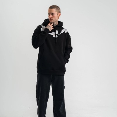 Erkek 3 İplik Pamuklu Kapüşonlu Baskılı Cepli Oversize Sweatshirt Hoodie - Siyah
