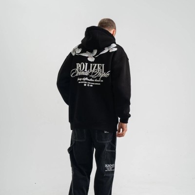 Erkek 3 İplik Pamuklu Kapüşonlu Baskılı Cepli Oversize Sweatshirt Hoodie - Siyah