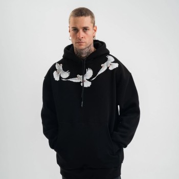 Erkek 3 İplik Pamuklu Kapüşonlu Baskılı Cepli Oversize Sweatshirt Hoodie - Siyah