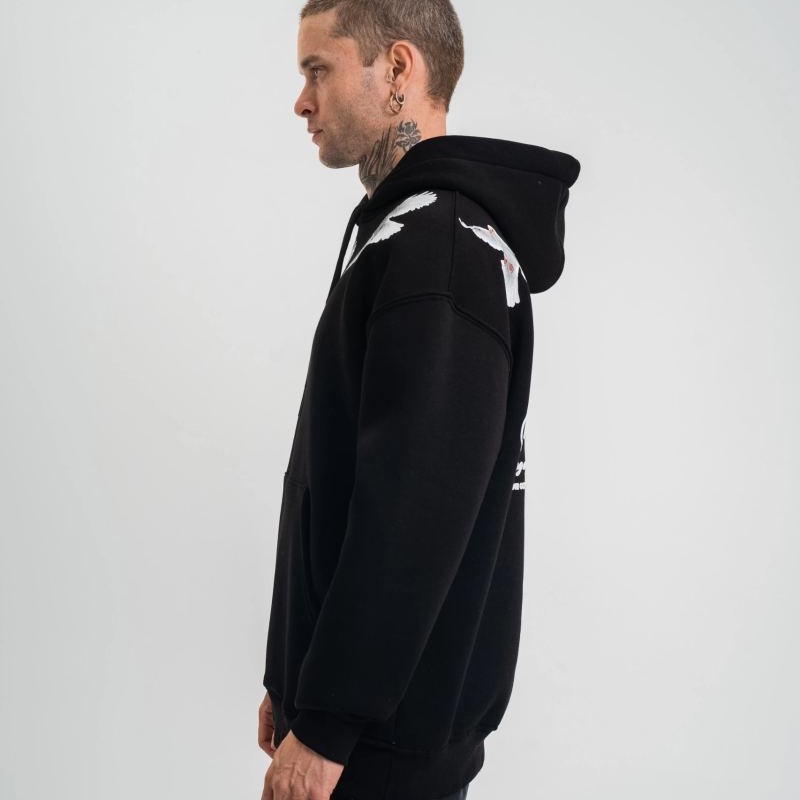 Erkek 3 İplik Pamuklu Kapüşonlu Baskılı Cepli Oversize Sweatshirt Hoodie - Siyah