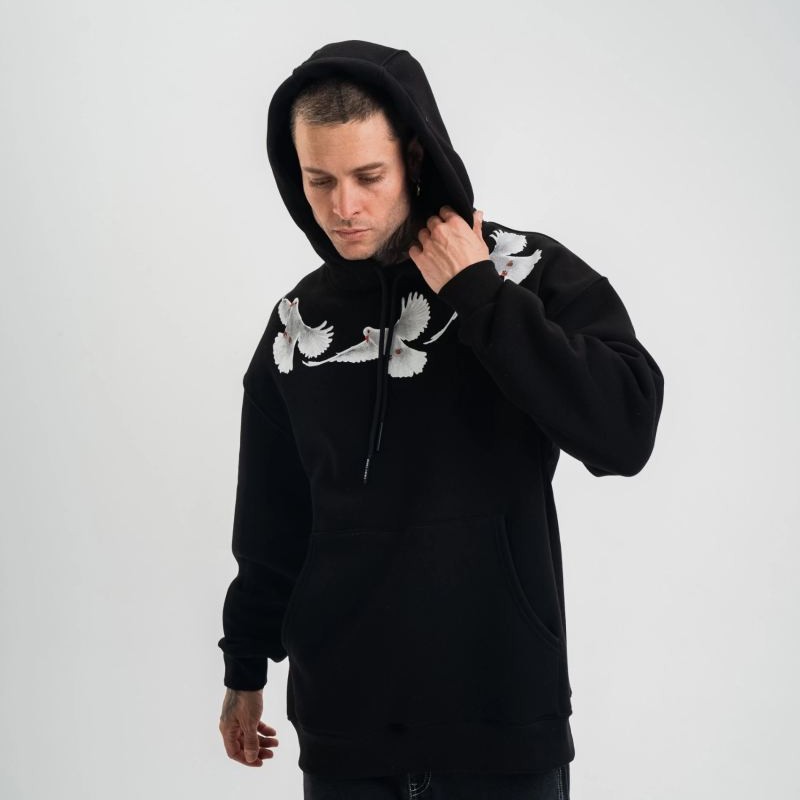 Erkek 3 İplik Pamuklu Kapüşonlu Baskılı Cepli Oversize Sweatshirt Hoodie - Siyah