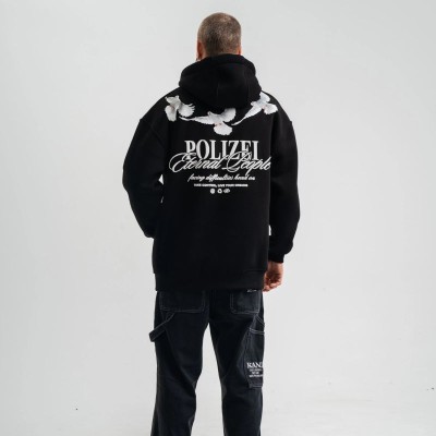 Erkek 3 İplik Pamuklu Kapüşonlu Baskılı Cepli Oversize Sweatshirt Hoodie - Siyah