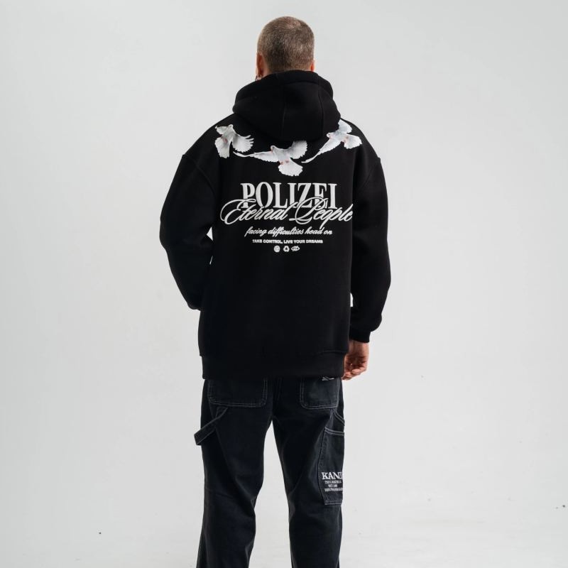 Erkek 3 İplik Pamuklu Kapüşonlu Baskılı Cepli Oversize Sweatshirt Hoodie - Siyah