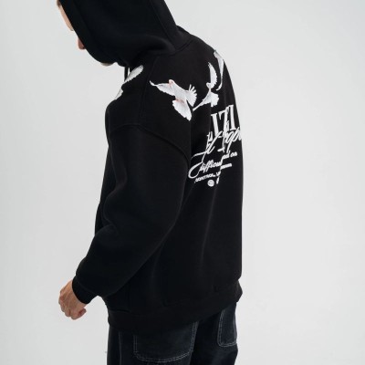 Erkek 3 İplik Pamuklu Kapüşonlu Baskılı Cepli Oversize Sweatshirt Hoodie - Siyah