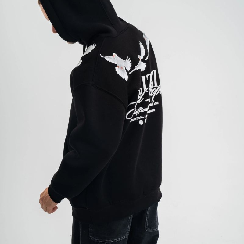 Erkek 3 İplik Pamuklu Kapüşonlu Baskılı Cepli Oversize Sweatshirt Hoodie - Siyah
