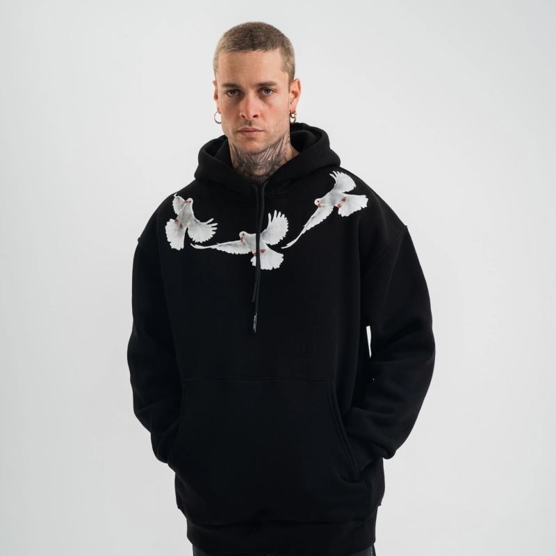 Erkek 3 İplik Pamuklu Kapüşonlu Baskılı Cepli Oversize Sweatshirt Hoodie - Siyah