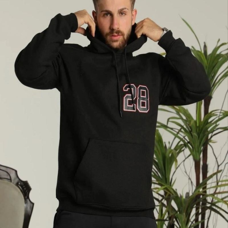 Erkek 3 İplik Pamuklu Kapüşonlu Baskılı Cepli Oversize Sweatshirt Hoodie - Siyah