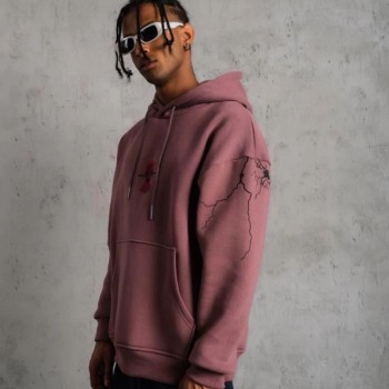 Erkek 3 İplik Pamuklu Kapüşonlu Baskılı Cepli Sweatshirt Hoodie - Gül Kurusu