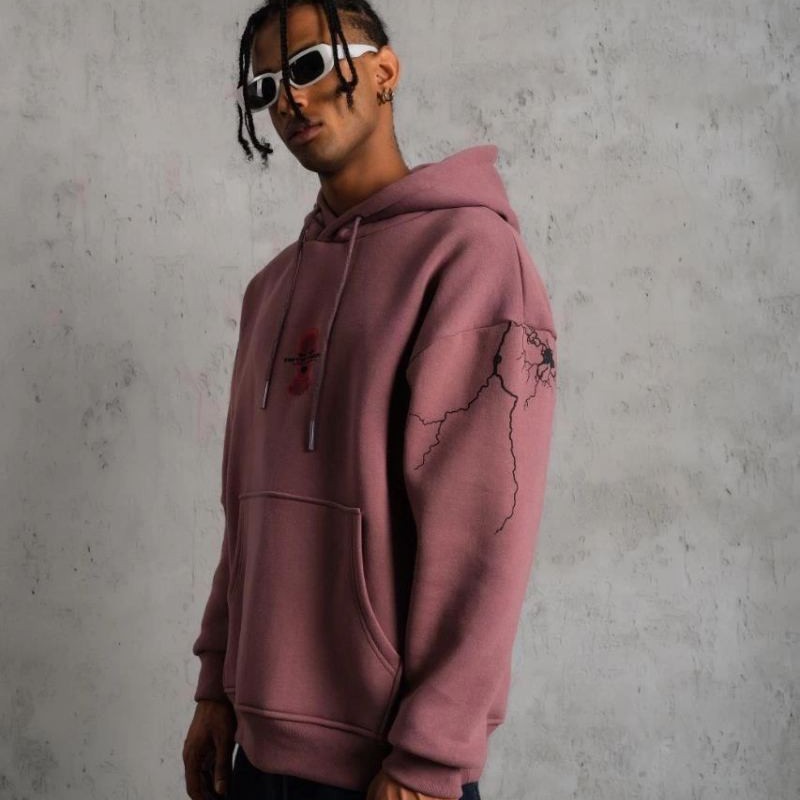 Erkek 3 İplik Pamuklu Kapüşonlu Baskılı Cepli Sweatshirt Hoodie - Gül Kurusu