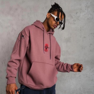 Erkek 3 İplik Pamuklu Kapüşonlu Baskılı Cepli Sweatshirt Hoodie - Gül Kurusu