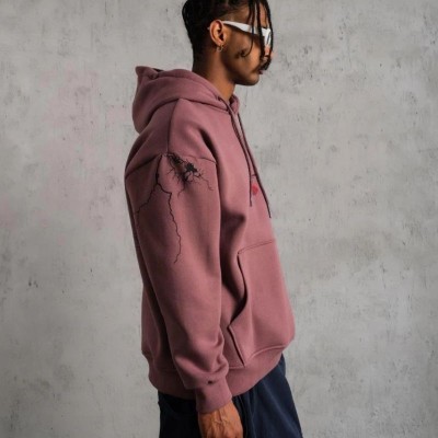 Erkek 3 İplik Pamuklu Kapüşonlu Baskılı Cepli Sweatshirt Hoodie - Gül Kurusu