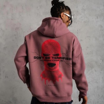 Erkek 3 İplik Pamuklu Kapüşonlu Baskılı Cepli Sweatshirt Hoodie - Gül Kurusu