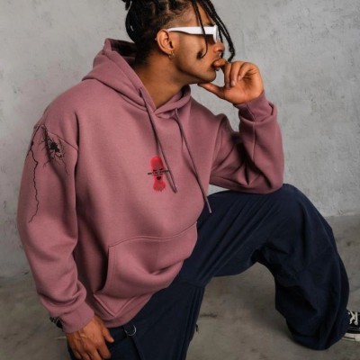 Erkek 3 İplik Pamuklu Kapüşonlu Baskılı Cepli Sweatshirt Hoodie - Gül Kurusu