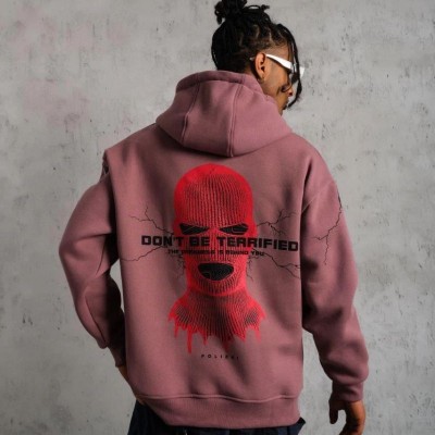 Erkek 3 İplik Pamuklu Kapüşonlu Baskılı Cepli Sweatshirt Hoodie - Gül Kurusu