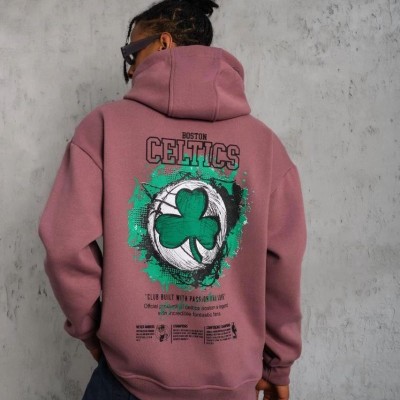 Erkek 3 İplik Pamuklu Kapüşonlu Baskılı Cepli Sweatshirt Hoodie - Gül Kurusu