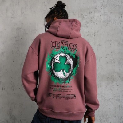 Erkek 3 İplik Pamuklu Kapüşonlu Baskılı Cepli Sweatshirt Hoodie - Gül Kurusu