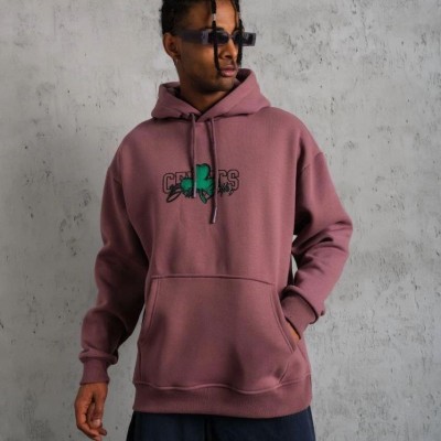 Erkek 3 İplik Pamuklu Kapüşonlu Baskılı Cepli Sweatshirt Hoodie - Gül Kurusu