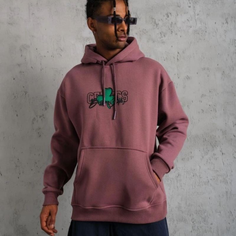 Erkek 3 İplik Pamuklu Kapüşonlu Baskılı Cepli Sweatshirt Hoodie - Gül Kurusu