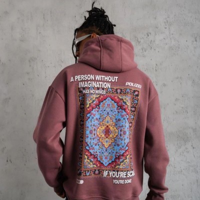 Erkek 3 İplik Pamuklu Kapüşonlu Baskılı Cepli Sweatshirt Hoodie - Gül Kurusu