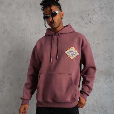 Erkek 3 İplik Pamuklu Kapüşonlu Baskılı Cepli Sweatshirt Hoodie - Gül Kurusu