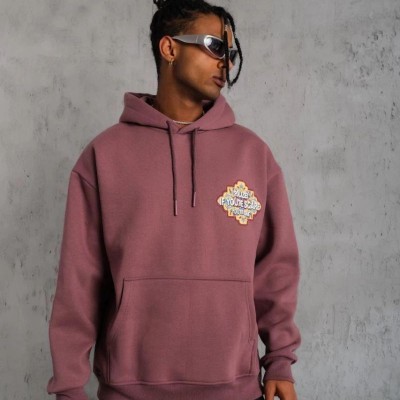 Erkek 3 İplik Pamuklu Kapüşonlu Baskılı Cepli Sweatshirt Hoodie - Gül Kurusu