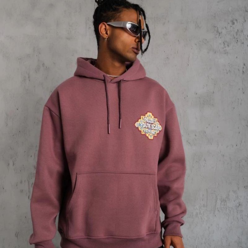 Erkek 3 İplik Pamuklu Kapüşonlu Baskılı Cepli Sweatshirt Hoodie - Gül Kurusu